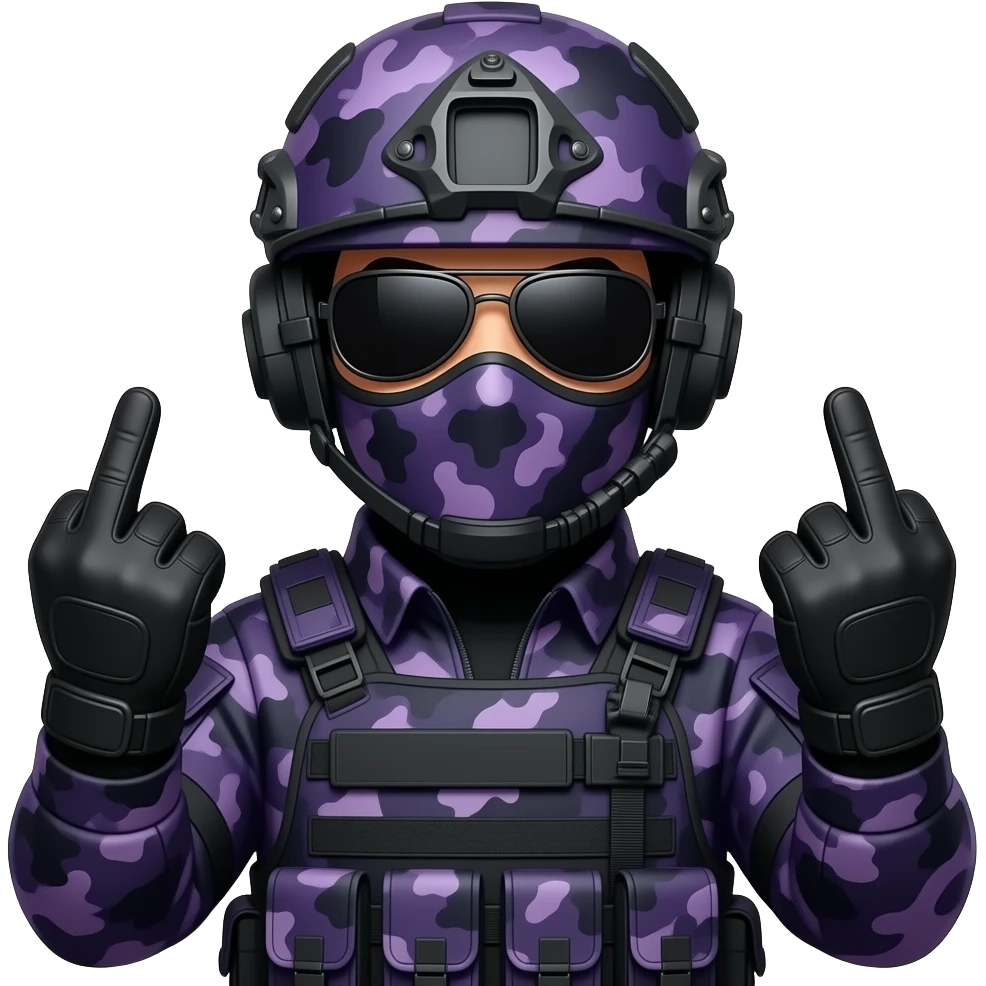 Man in large black aviator sunglasses dark purple camoflage tactical gear helmet and mask giving the finger two times in black gloves emoji