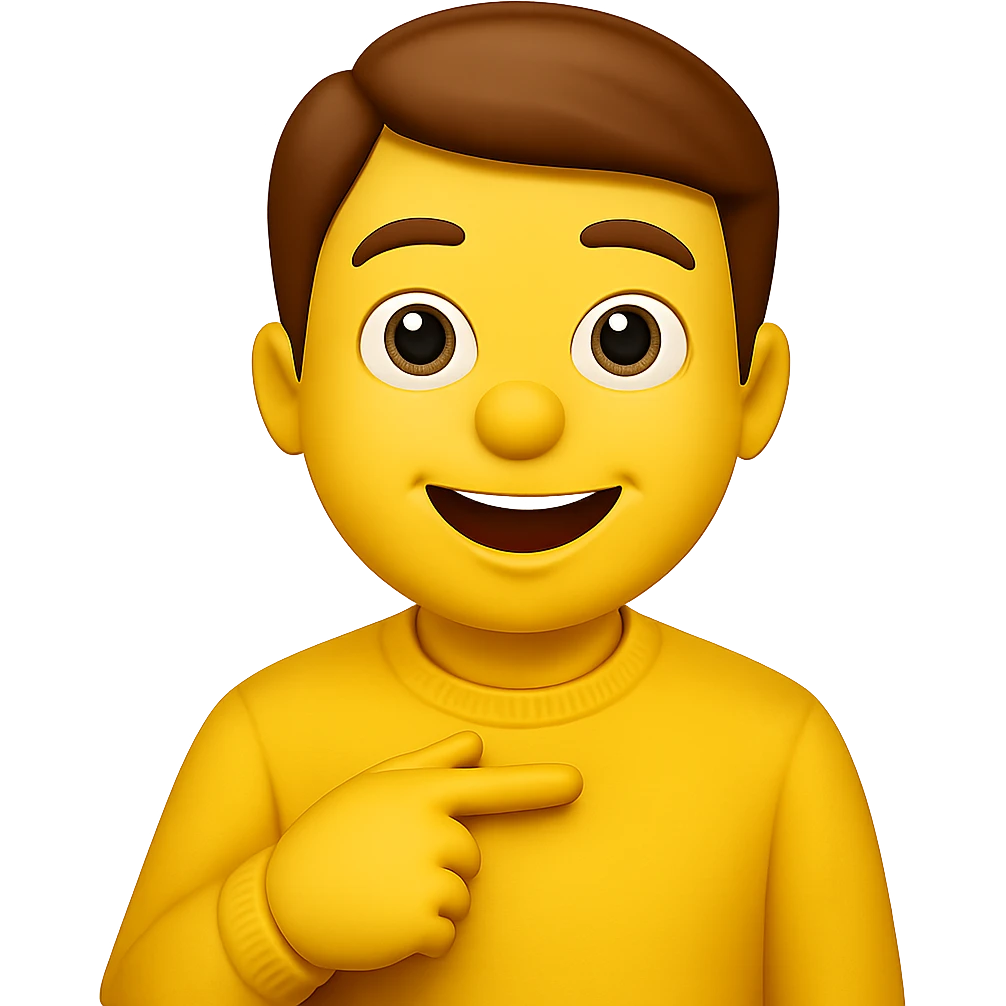 Transform the image into a cartoon-style human character in the style of Apple emojis. The character is pointing directly at their own chest with a clear 'me' expression on the face. The finger is firmly touching the chest. The background should be clean white. The pose is very clear and direct, capturing the essence of the original image but in Apple emoji style. emoji