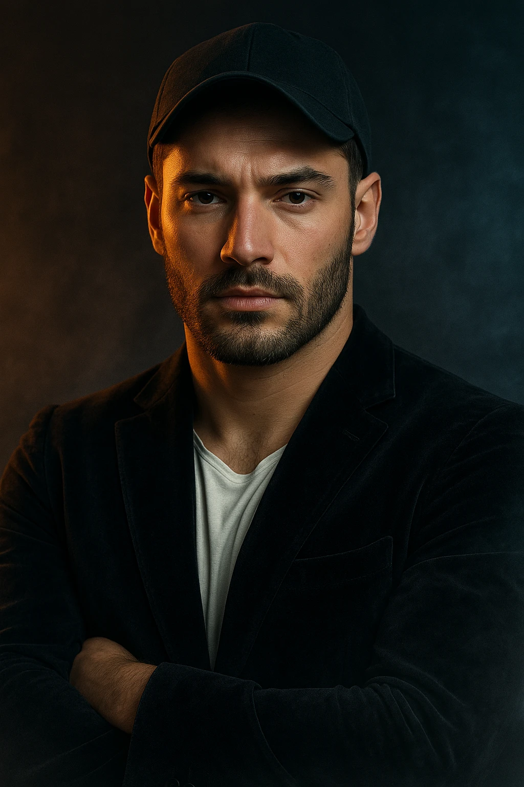 Usa questa immagine come riferimento per creare un ritratto iperrealistico e ravvicinato di un carismatico nodello maschile, ambientato in un contesto editoriale suggestivo. I volto è illuminato da fasci di luce ambrata e blU ghiaccio che contrastano tra loro, esaltando la simmetria marcata della mascella, la sottile barba incolta e uno sguardo penetrante e sicuro. I| modello indossa una giacca sartoriale scura in morbido velluto, leggermente sbottonata sul colletto. Lo sfondo sfuma in un profondo gradiente antracite con una delicata foschia cinematografica e sottili bagliori di luce. Un lieve velo di nebbia avvolge la sua silhouette, accentuando un'atmosfera sofisticata e misteriosa. L'effetto complessivo evoca un'eleganza di alta moda con un tocco moderno e malinconico, ideale per una campagna pubblicitaria di lusso o per la copertina di una prestigiosa rivista. emoji