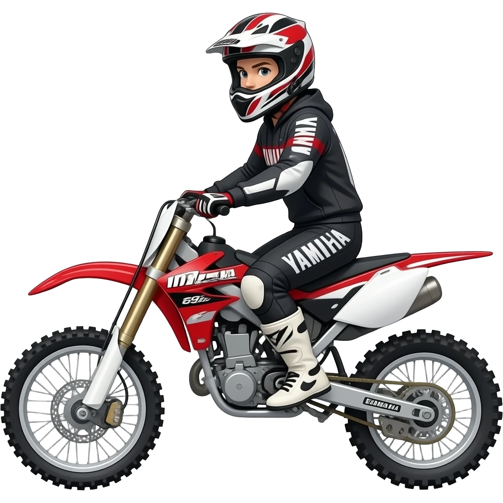 offroad Yamaha 690cc red black & white with man in helmet riding emoji