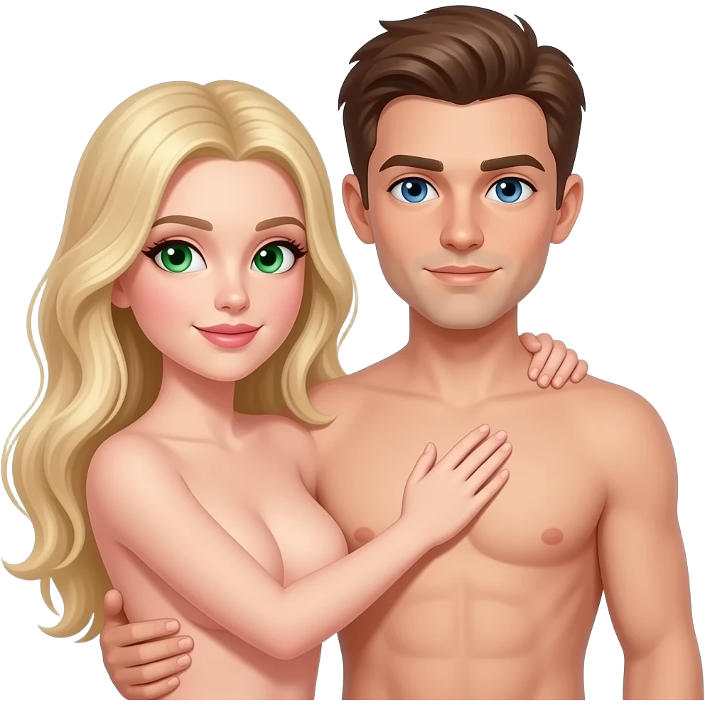 A naked white woman with blond hair and green eyes holding a naked white male with brown hair and blue eyes showing chest up emoji