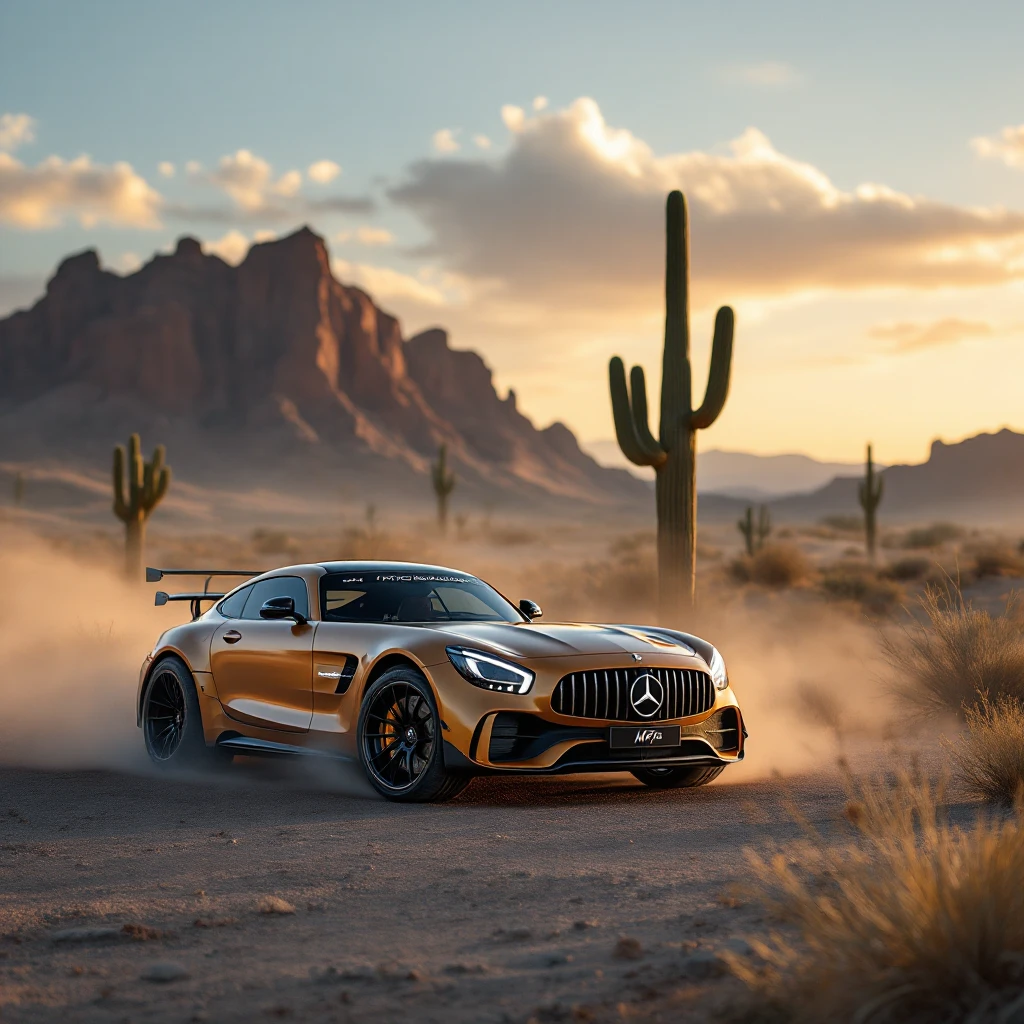 mercedes amg on desert next to cactus faun, cinematic emoji
