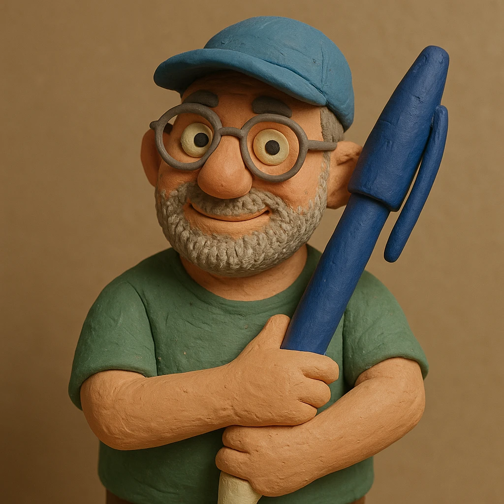 Transform this portrait into a claymation style, matching the look of a positive stalker man with a baseball cap and a big pen in both arms, friendly expression. emoji