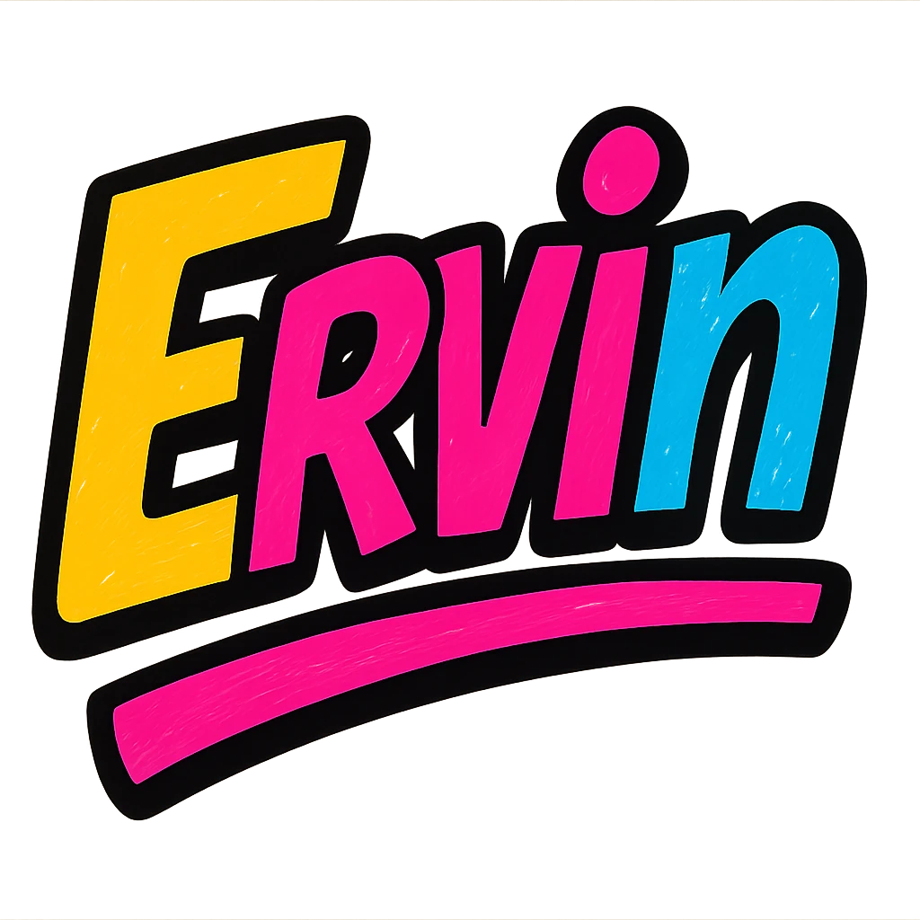 modern colorful gradient typography of the name 'Ervin' with dark outline, dynamic slanted or partial underline, in the style of reference patterns emoji