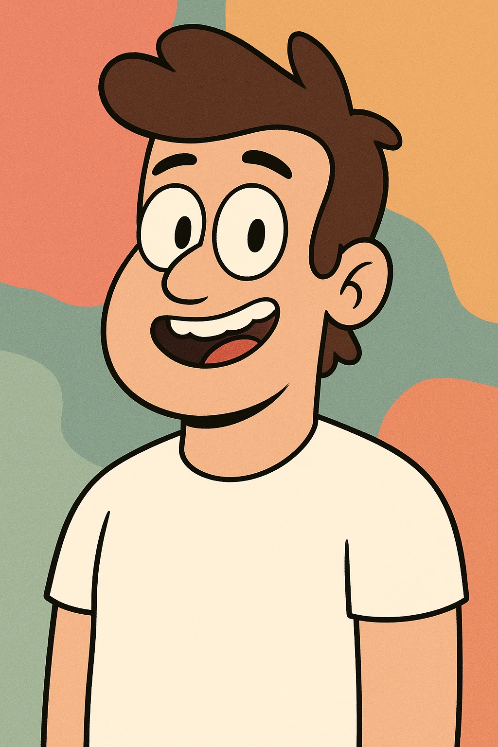 cartoon character wearing a white top, friendly style, colorful background emoji