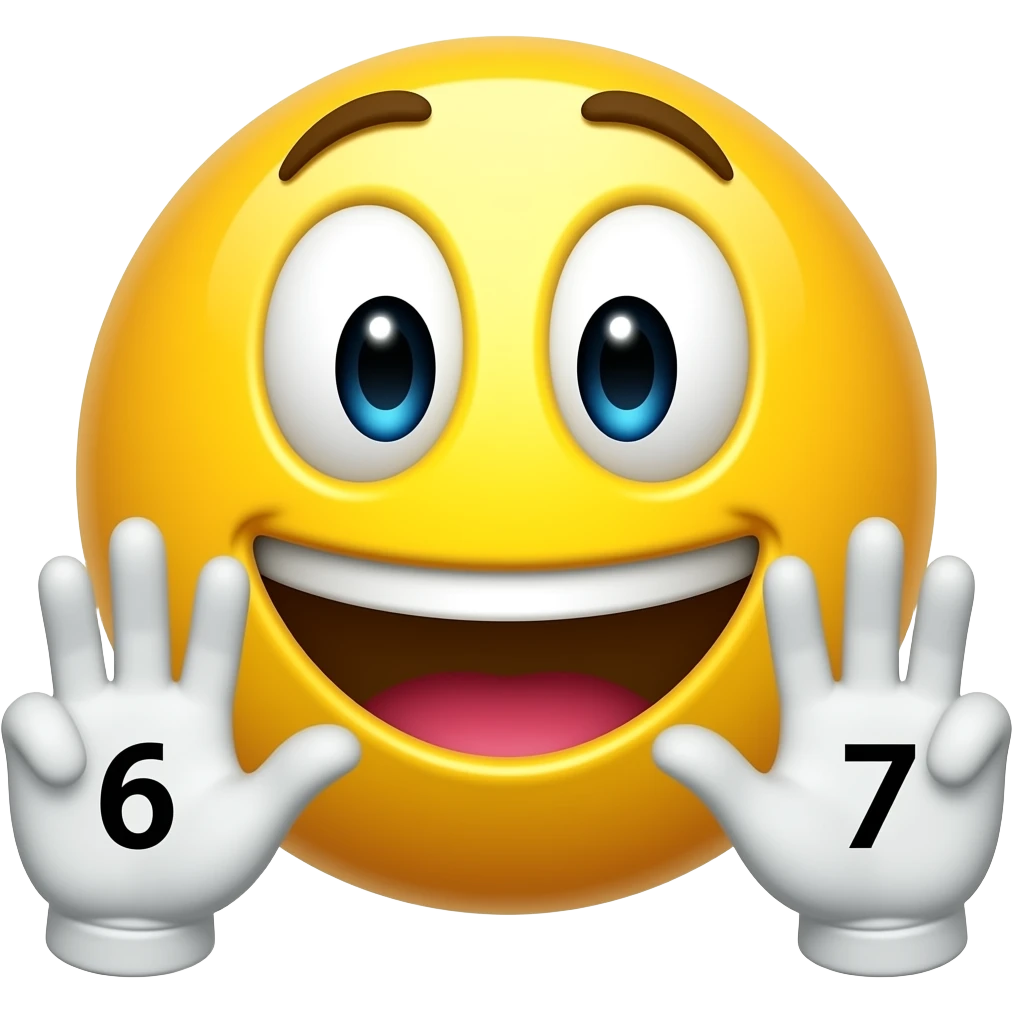 The classic yellow emoji with a grinning face has two hands in front of it, with the number 6 in one hand and the number 7 in the other. The numbers are also the classic emoji numbers. emoji