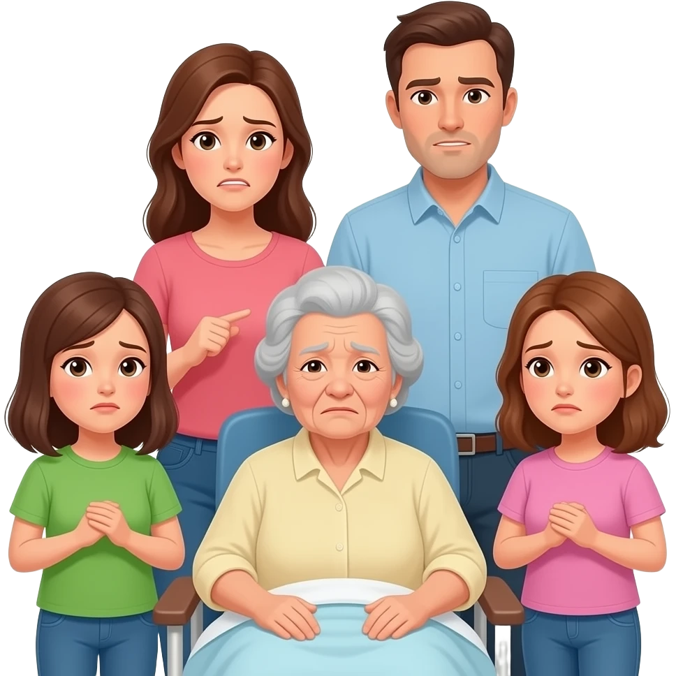 Ambiente familiar(dos niñas, la madre y el padre y la abuela) deteriorado, desgaste emocional, y desacuerdo sobre ingresar a la suegra en residencia. emoji