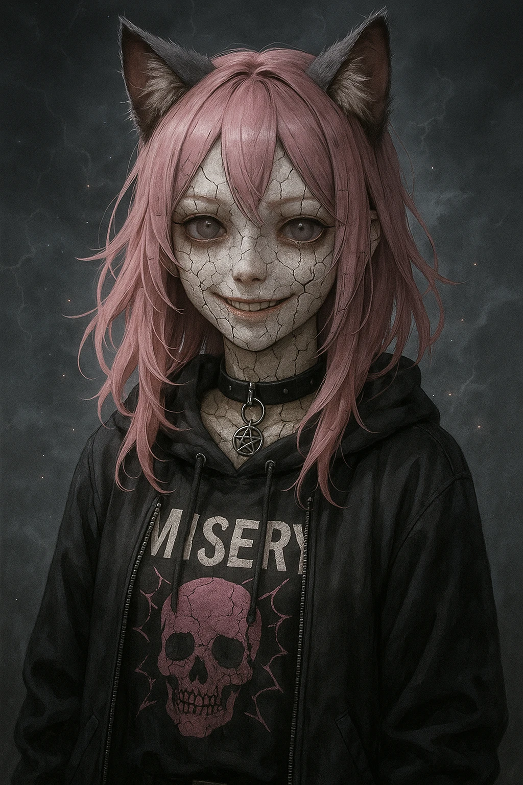 realistic anime catgirl with pink hair, emo streetwear, heart tattoo under left eye, dark magical accessory, sparkles, stormy background, cracked porcelain doll horror look with cracked skin, glassy eyes, eerie smile emoji