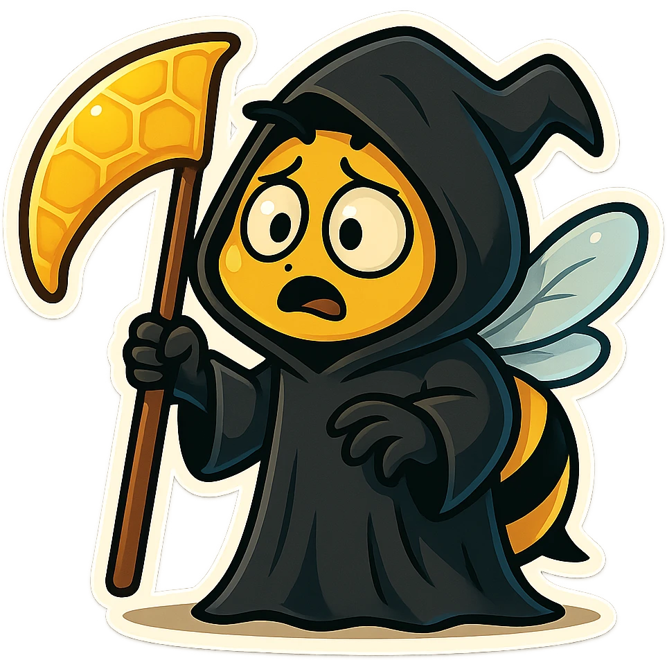 Change the scythe to a honeycomb scythe for this spooky cartoon bee grim reaper in retro stickers style. emoji