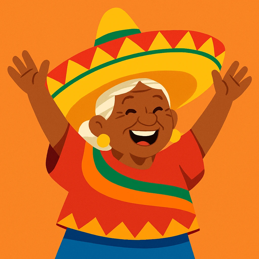 elderly woman wearing a large sombrero, arms raised, cheerful expression emoji