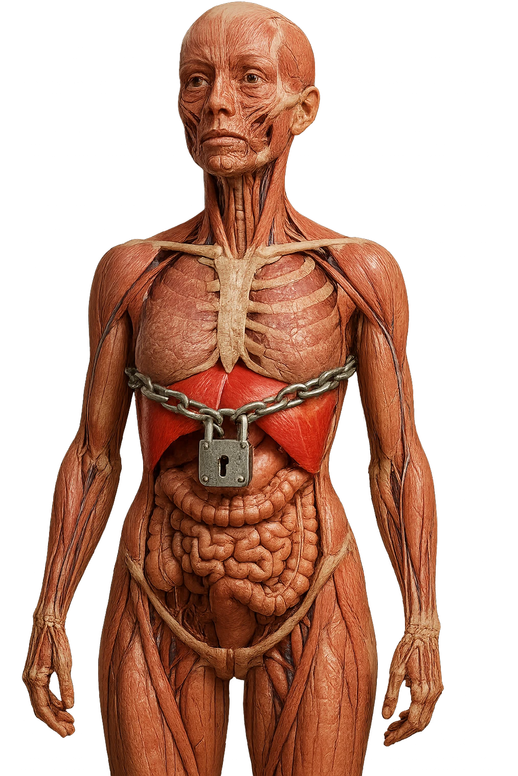 corpo umano anatomico di una donna con diaframma in evidenza, diaframma chiuso da catena e lucchetto, iperrealistica 4k emoji
