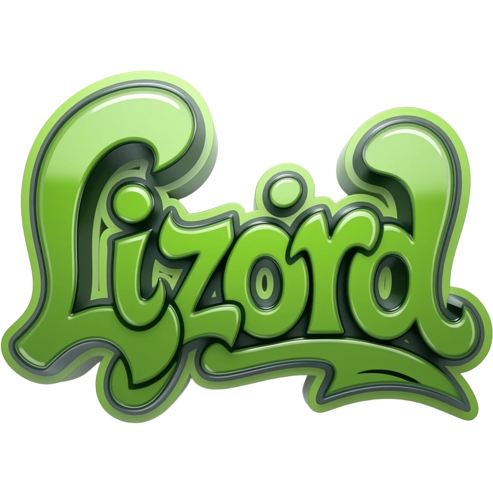 graffiti green metálico y 3D al estilo Y2K write "Lizord" png background with hrome effect and photorealistic emoji
