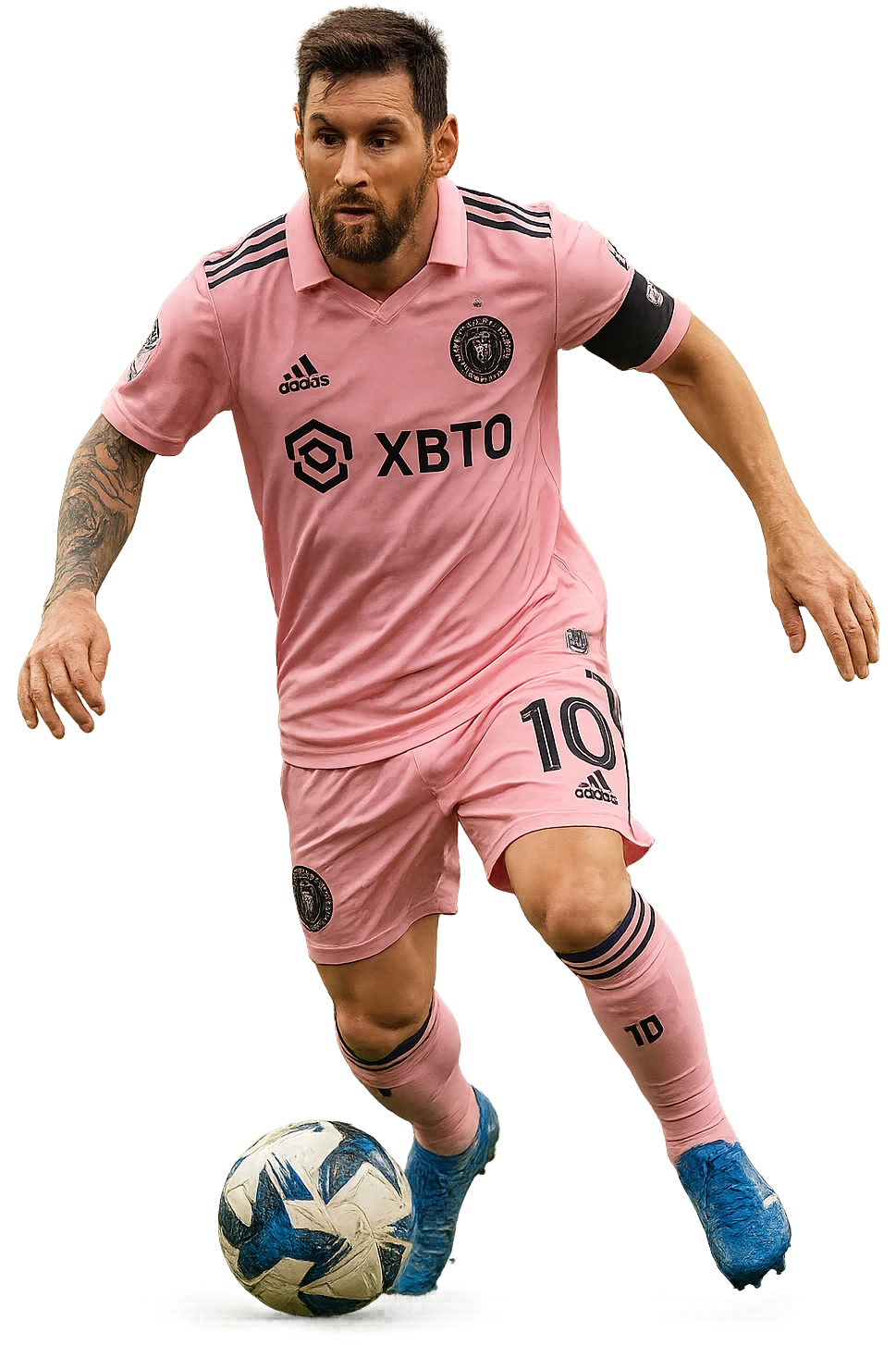 full body portrait of Lionel Messi wearing a pink Inter Miami soccer jersey, realistic style, dynamic pose, detailed facial features, soccer ball at his feet, no background emoji