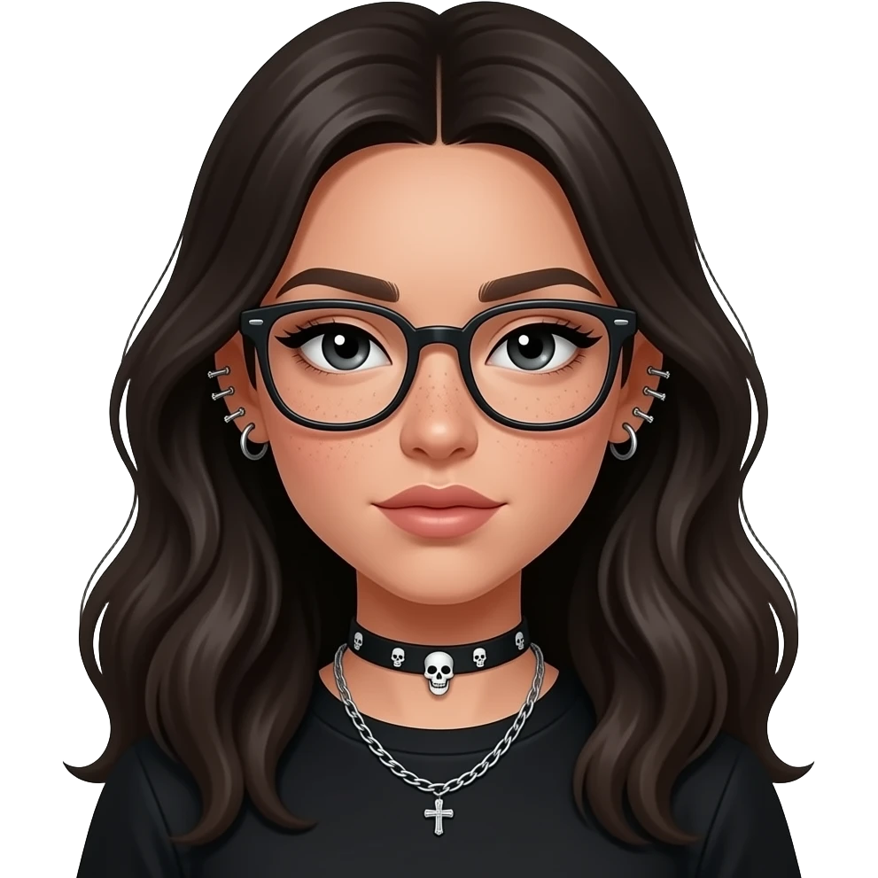 Cool girl in black, whole upper body in sitting state, long hair with volume , black eyes with small eye liner, with chain piercing earrings from helix to lobes (that has skeletons looking like crossing) and glasses, with subtle freckles emoji