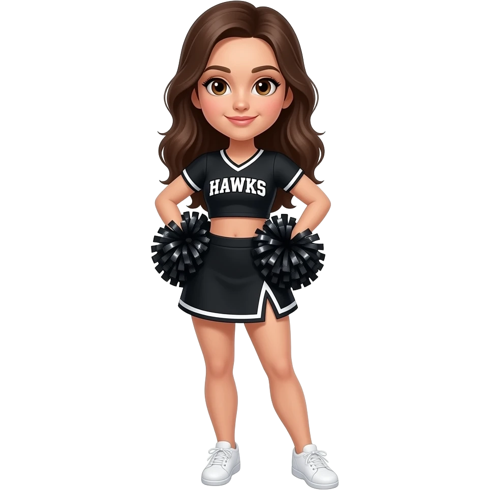 Cheerleader with long dark brown hair. Cheerleader has hazel brown eyes, cheerleader is wearing a black cheer uniform and a black cheerleading skirt. She has black sparkly Pom Pom’s and white shoes. Text on the shirt says HAWKS emoji