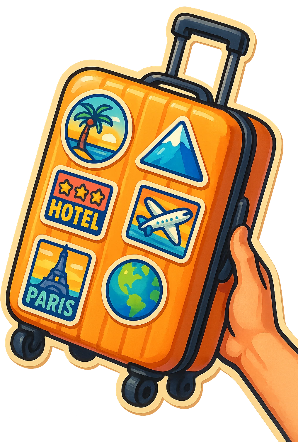 ribbed travel suitcase with handle and wheels, shown at a slight angle or being held in a hand, decorated with colorful travel stickers, retro sticker style with color, bold outlines, sharp shadows and highlights, no smooth gradients emoji