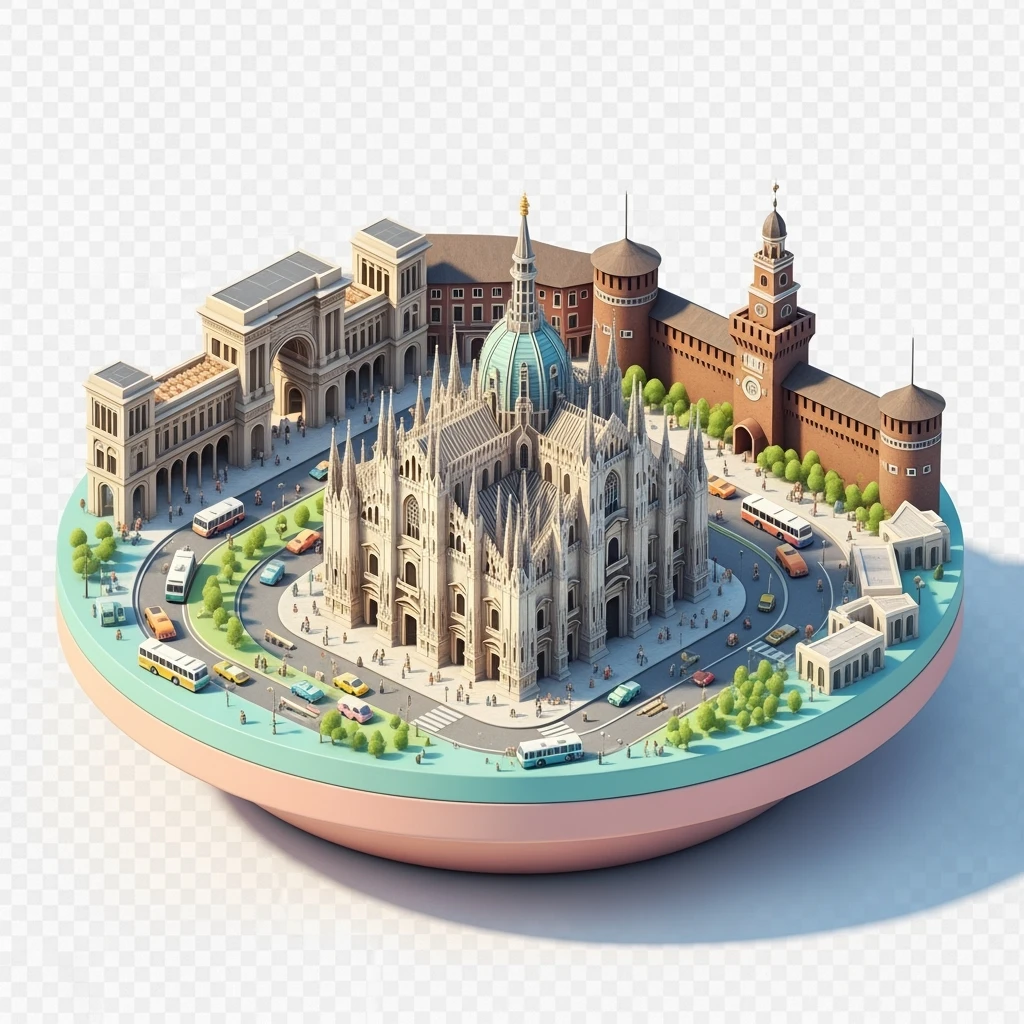 Isometric Milan with the Milan Cathedral (Duomo di Milano), toy-style elements, soft shadows, pastel diorama style, transparent background emoji