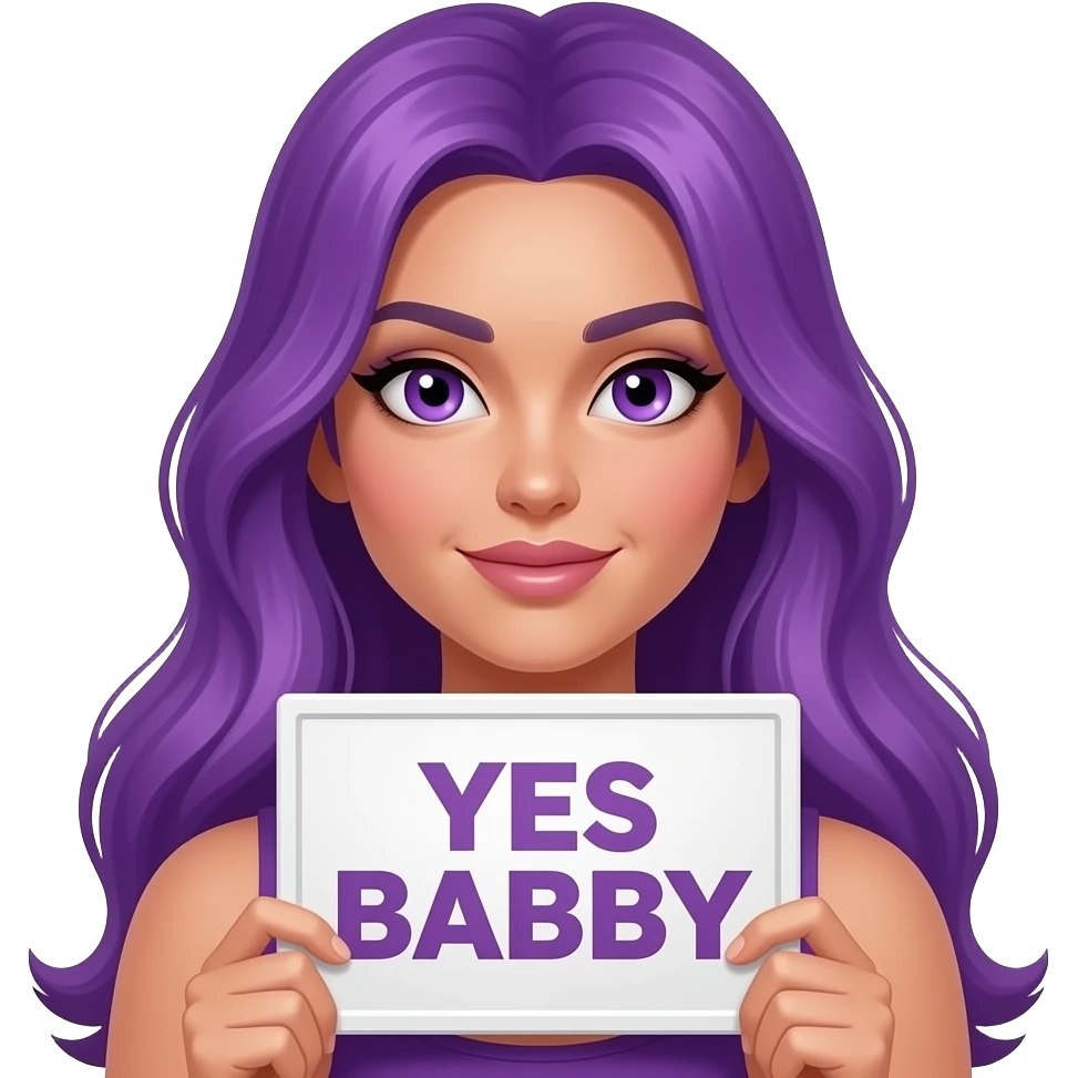 sexy girl with long purple hair and purple eyes holding a YES BABY sign emoji