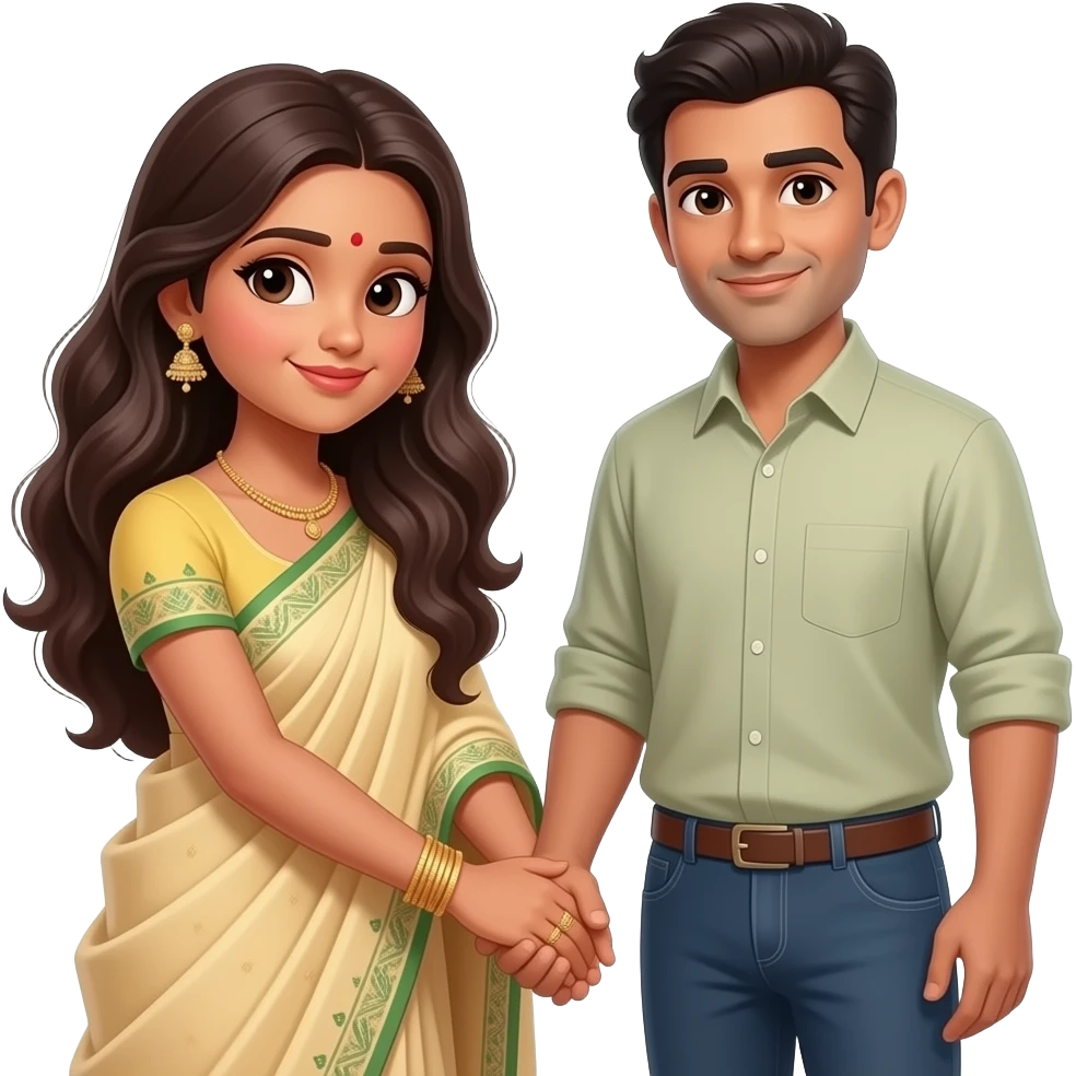 Similar image of long haired Indian woman holding husband hands shyly emoji