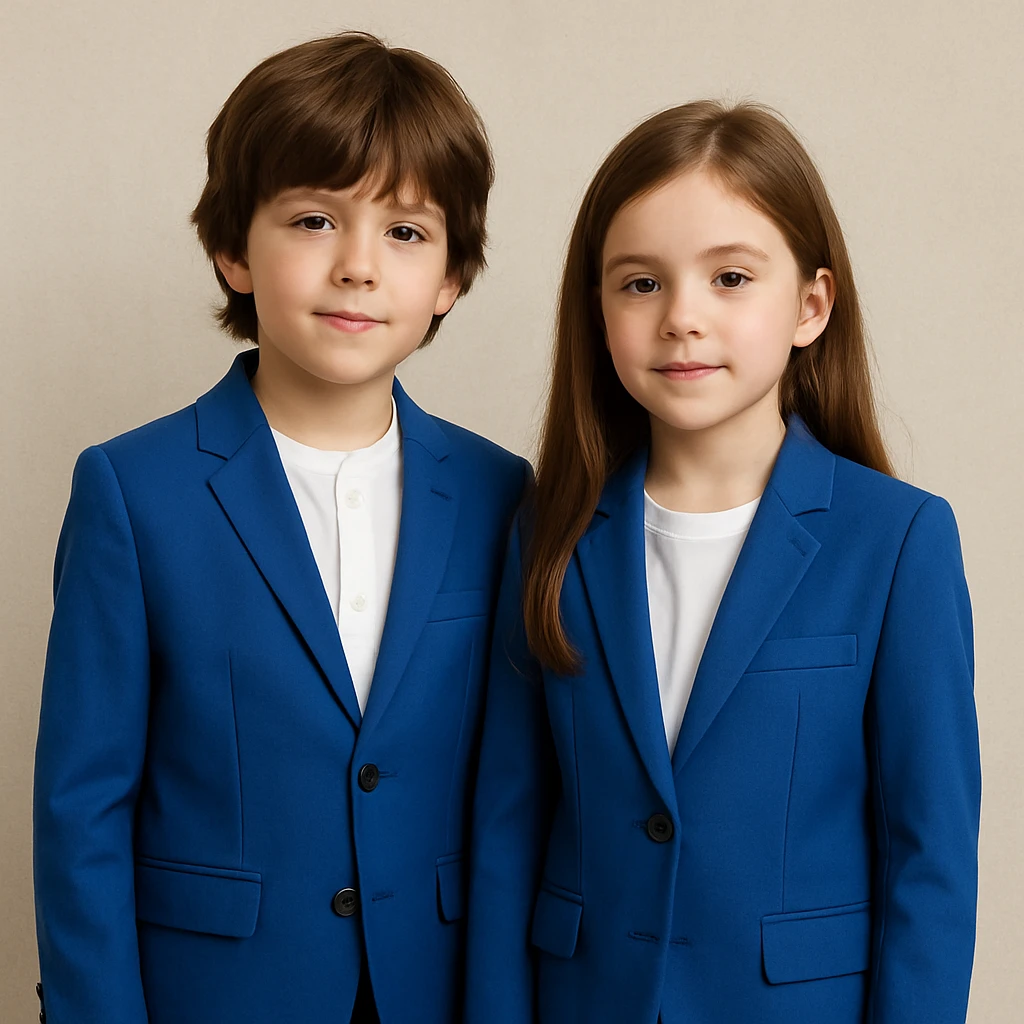 boy and girl together, both in cobalt blue suits, brown hair, neutral background emoji