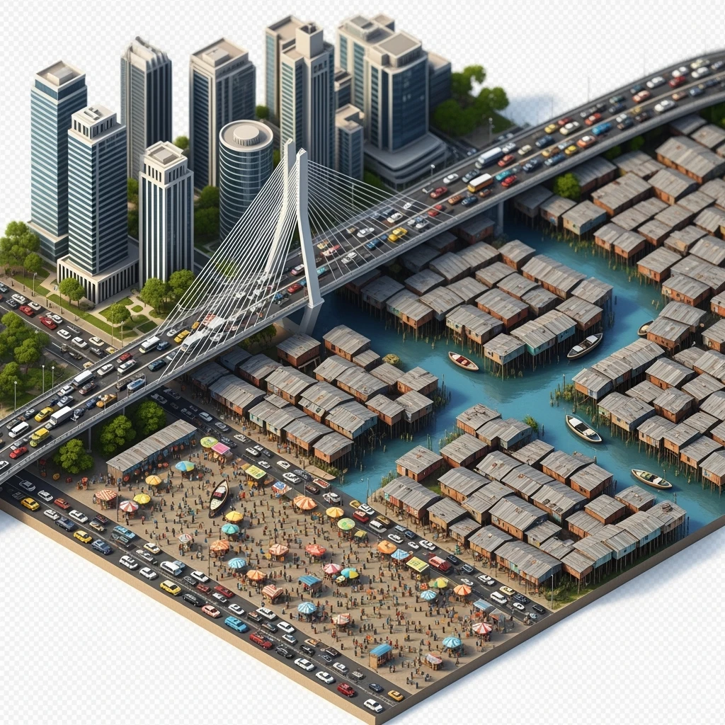 Isometric miniature of Lagos Lekki-Ikoyi Bridge, Eko Atlantic skyscrapers, Makoko slums, tin-roof shacks, chaotic markets, gridlocked traffic, 3D miniature effect and Tilt Shift effect, no cartoonish look, transparent background, don't cut angles emoji