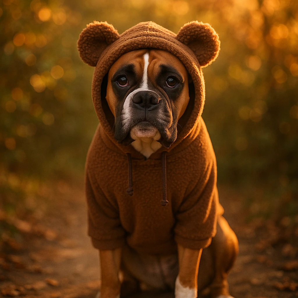 perro bóxer sentado, mirada tierna, buzo con capucha de orejas de osito marrón, iluminación golden hour, entorno natural con follaje, general style emoji