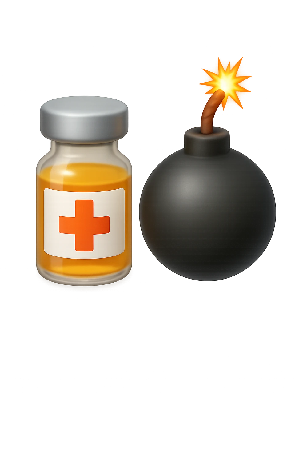 emoji stile iphone 3d di una fiala medica con una bomba vicino, fluttuano in aria insieme, FALLO MOLTO REALISTICO IN 3D emoji