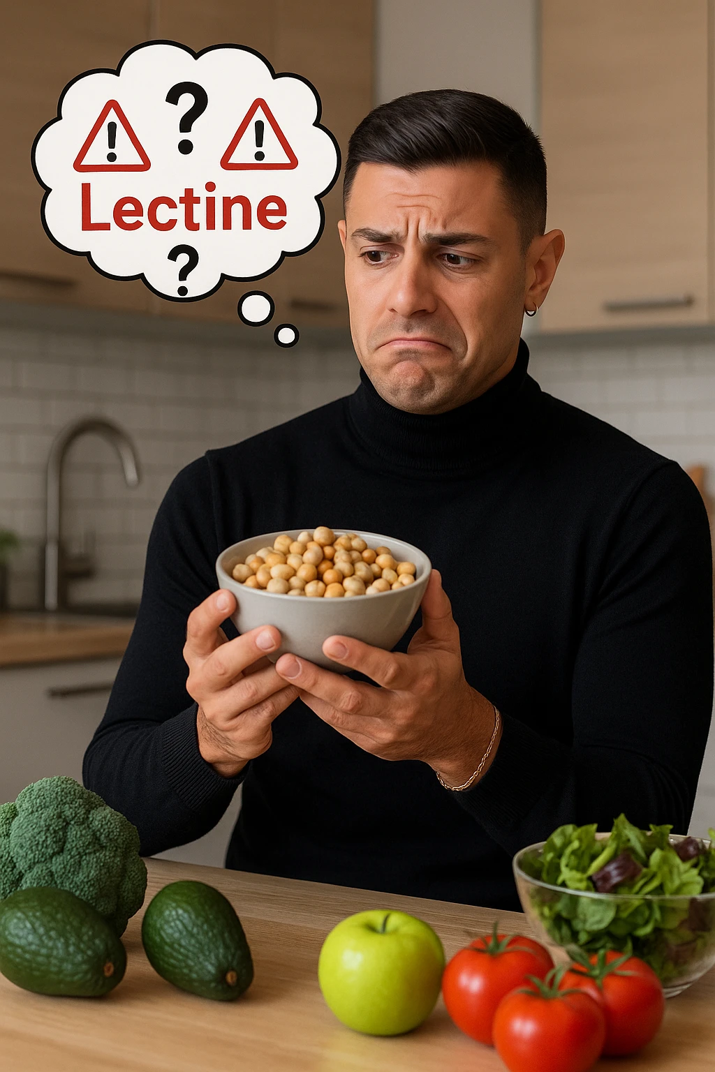 un uomo in cucina tiene in mano una ciotola di legumi (come fagioli o ceci) e li osserva con un’espressione dubbiosa e leggermente preoccupata. Sopra la ciotola, una nuvoletta di pensiero mostra la parola “Lectine” evidenziata in rosso, insieme a simboli di allarme o punti interrogativi. Sullo sfondo, altri alimenti salutari sono visibili sul tavolo, sottolineando il suo scetticismo verso i legumi. emoji