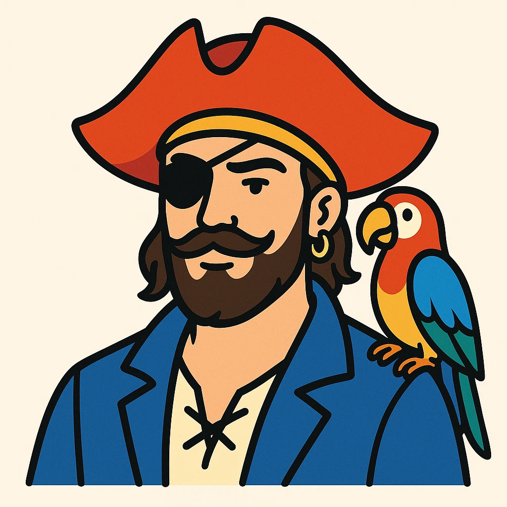 color vector art with thin outline of pirate with eye patch and parrot on shoulder  emoji