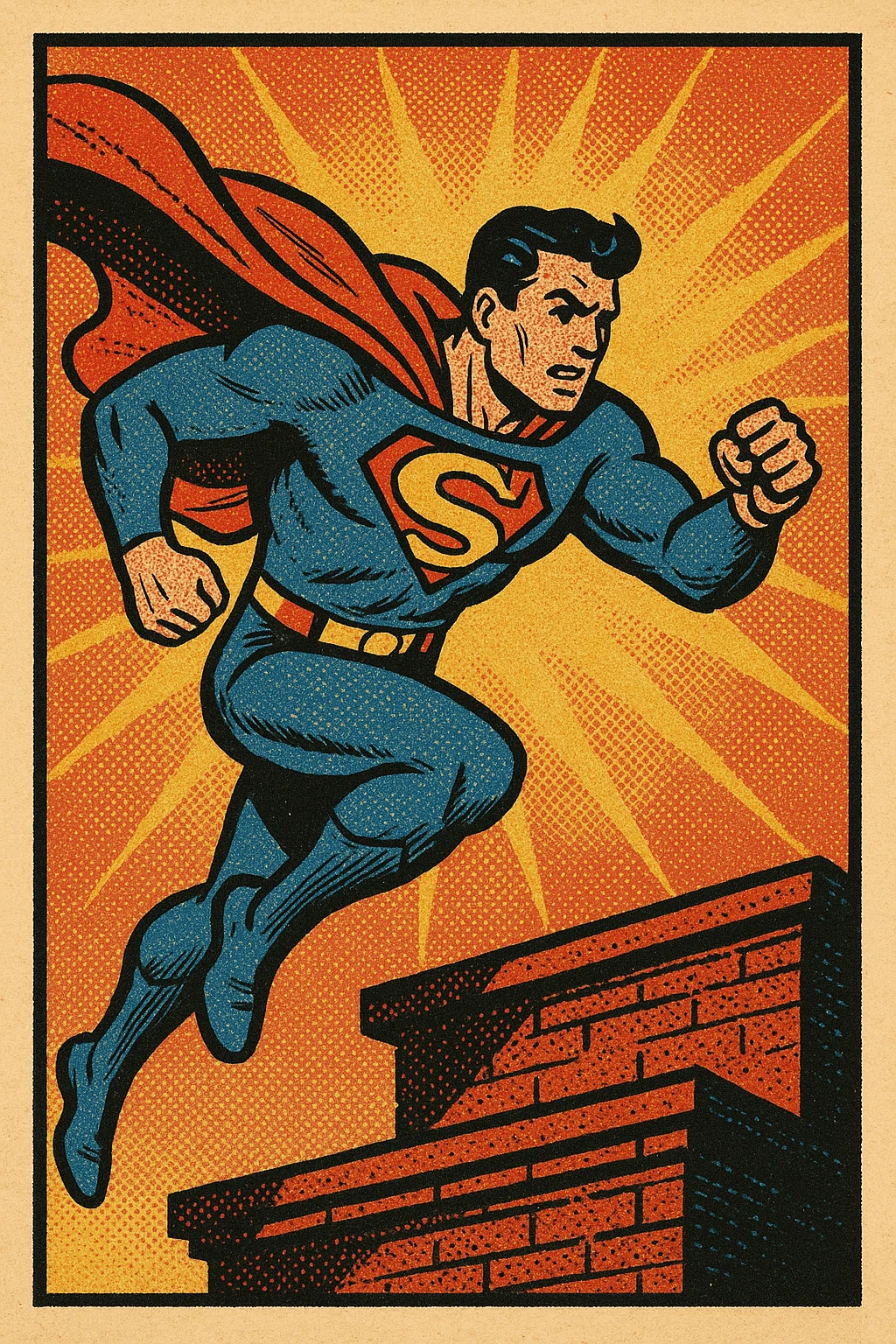Hero leaping from a rooftop with cape trailing. emoji