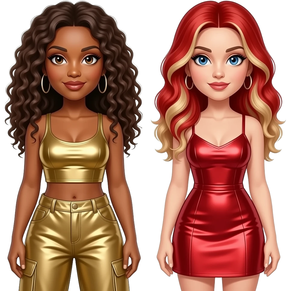 Spice Girls with Mel B with long brown curly hair, brown eyes, gold metallic crop top and baggy pants, Geri with blue eyes, red hair with blonde highlights, red metallic short dress emoji