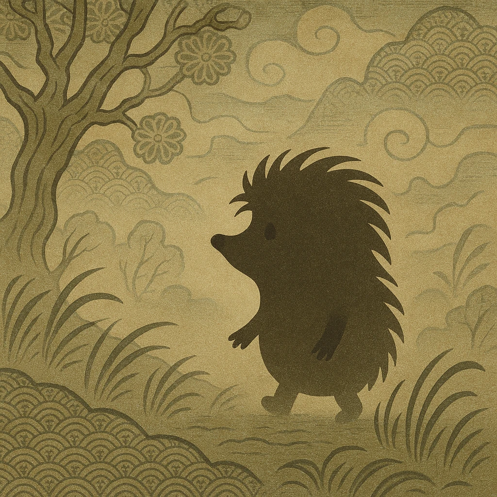 hedgehog in the fog from Soviet cartoon, silhouette in the fog, atmospheric, Soviet cartoon style emoji