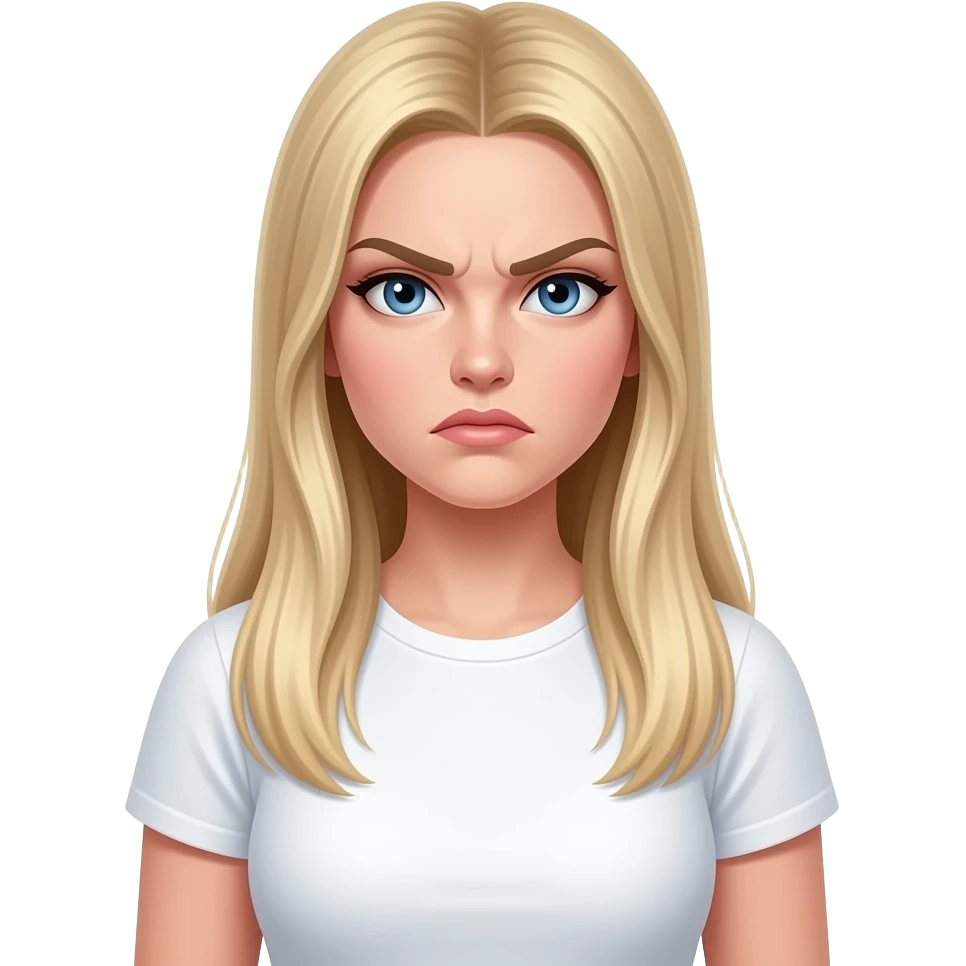 ragazza russa bionda occhi azzurri capelli lisci lunghi, seno prosperoso arrabbiata maglietta bianca emoji