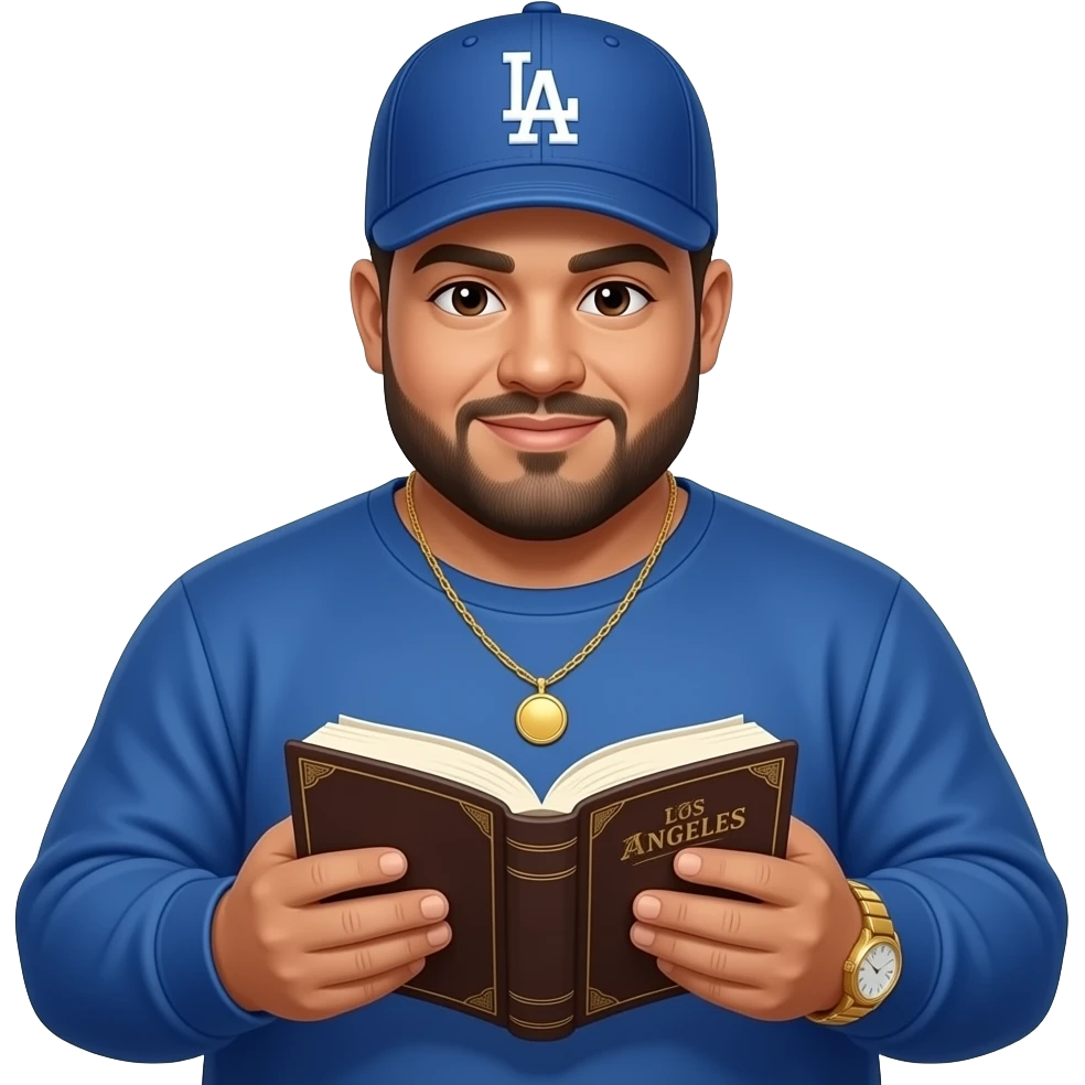 Chubby man with sand skin tone and lightly shaved black beard wearing a blue Los Angeles Dodgers logo baseball cap wearing a long sleeve blue shirt wearing a gold tennis necklace and a gold wrist watch reading the Bible emoji