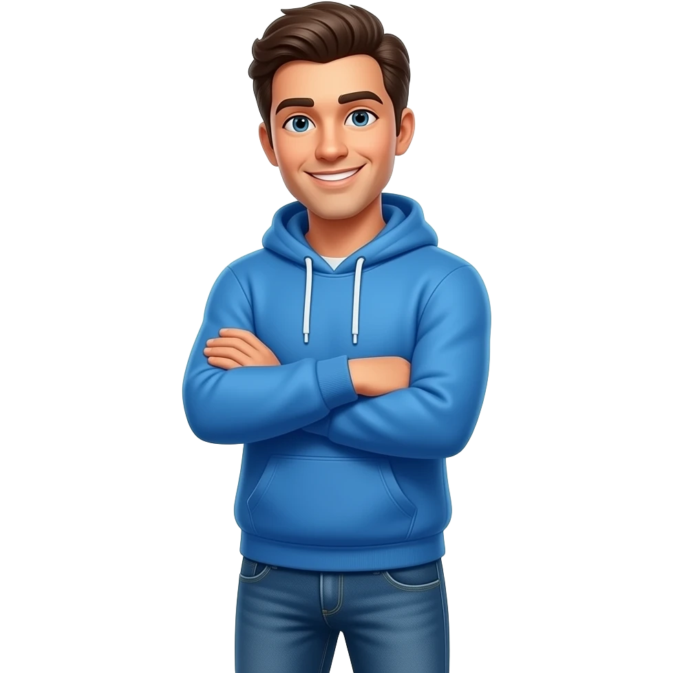 A 3D emoji-style illustration of a friendly man in casual clothes (blue hoodie and jeans), standing with arms crossed and looking directly at the viewer with a warm smile. Text in side: 'Answer to them,' are in bold white text, while the name 'Baly' is rendered in a vibrant, glowing sky blue color. emoji