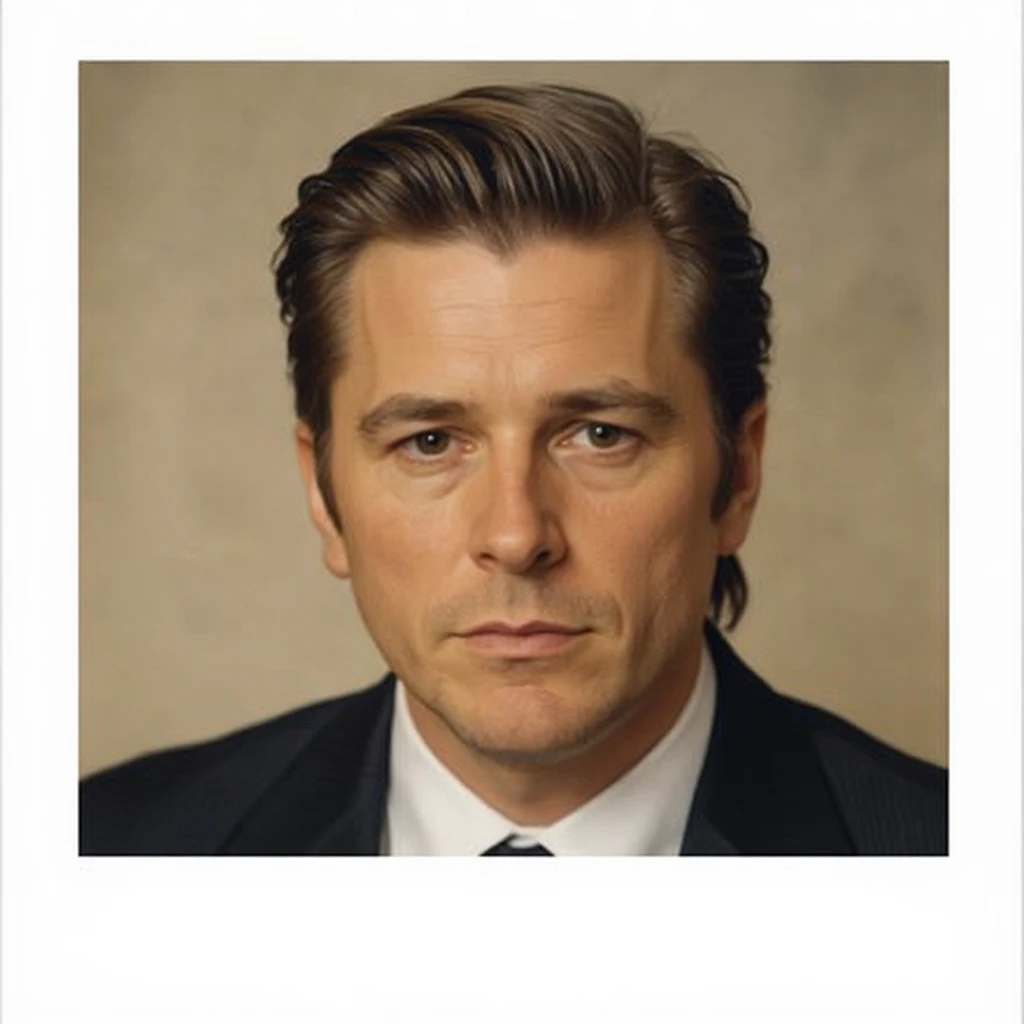 Polaroid style portrait illustration of Christian Bale, looking younger, with slicked-back hair and a serious expression, warm tones, classic instant photo border. emoji