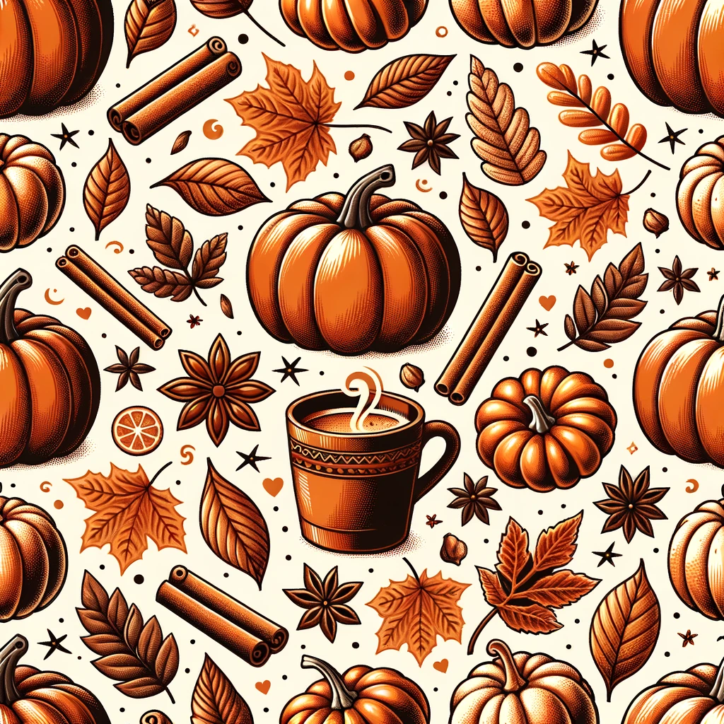 seamless pattern of pumpkins and pumpkin spice, warm orange and cinnamon tones, cozy autumn vibes, soft texture, vector style, high resolution emoji