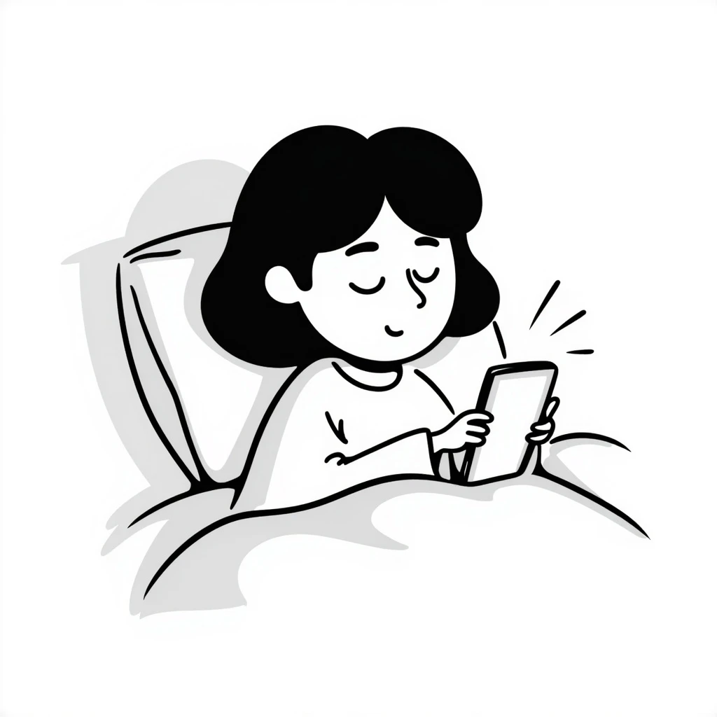 Girl lying in bed, wanting to sleep but not wanting to, staying up late playing with her phone emoji