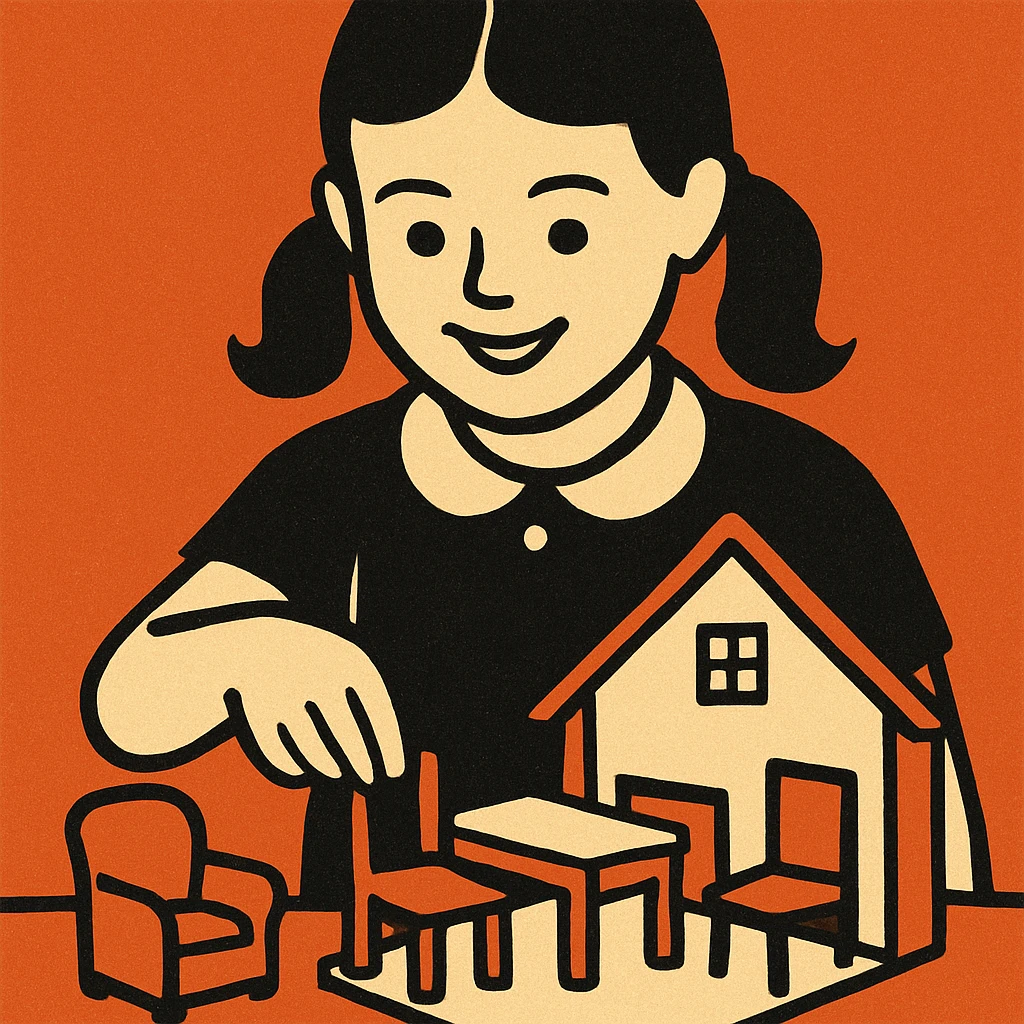 smiling girl arranging furniture in doll house emoji