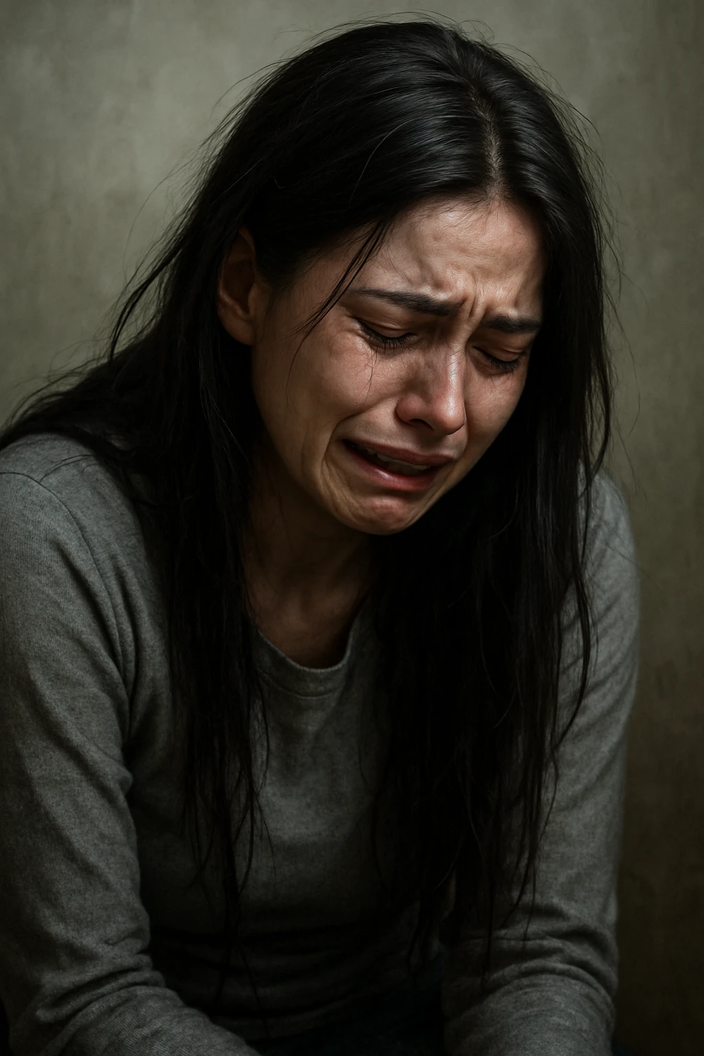 woman with long black hair, crying, slumped posture, emotional distress, mental breakdown emoji
