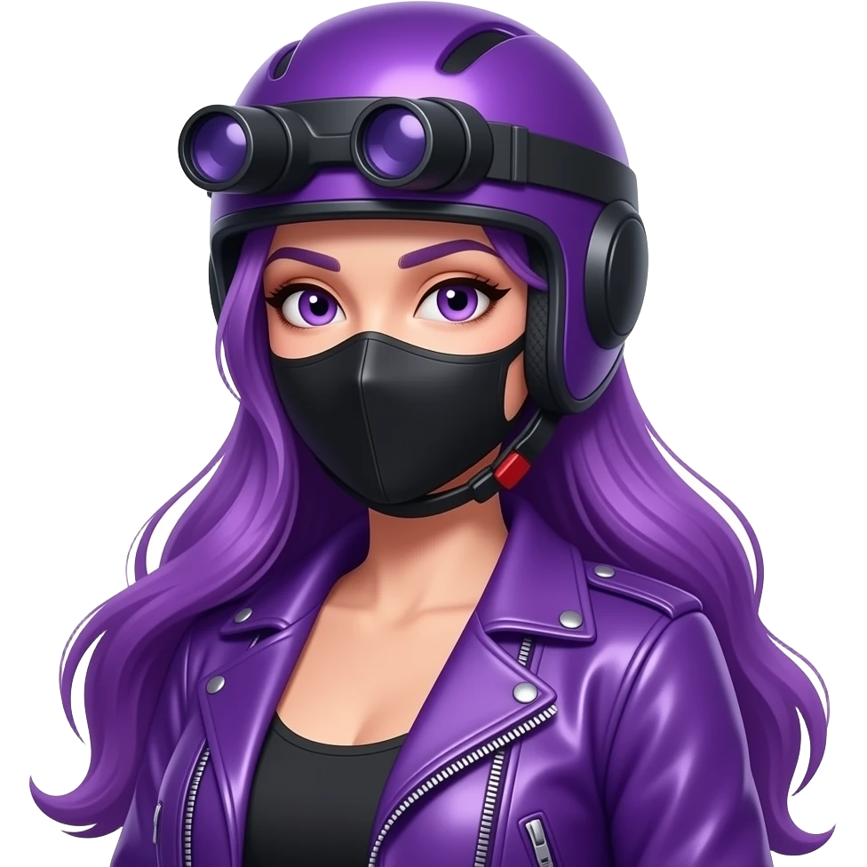 sexy girl with long purple hair wears purple clothes with a helmet, a night device and a mask emoji