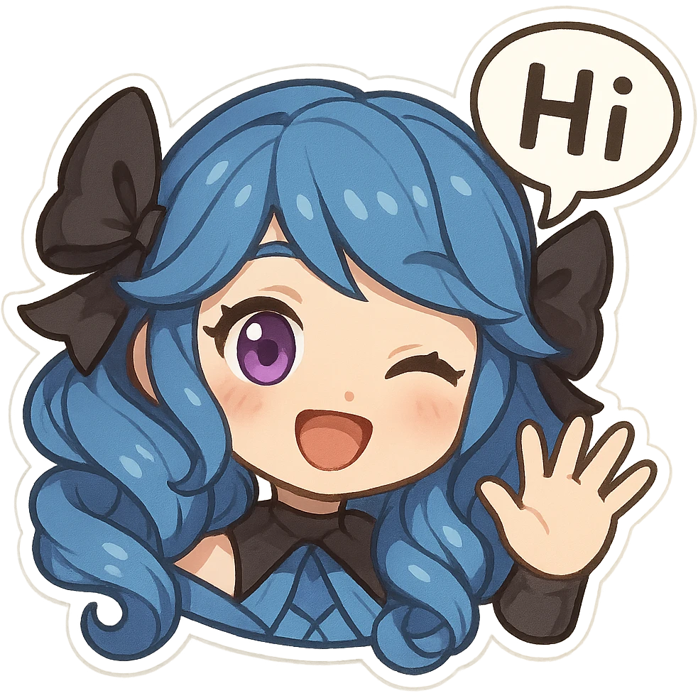Gwen from League of Legends, hi emote, chibi style, only head, right eye purple, waving hand, sample 4 emoji