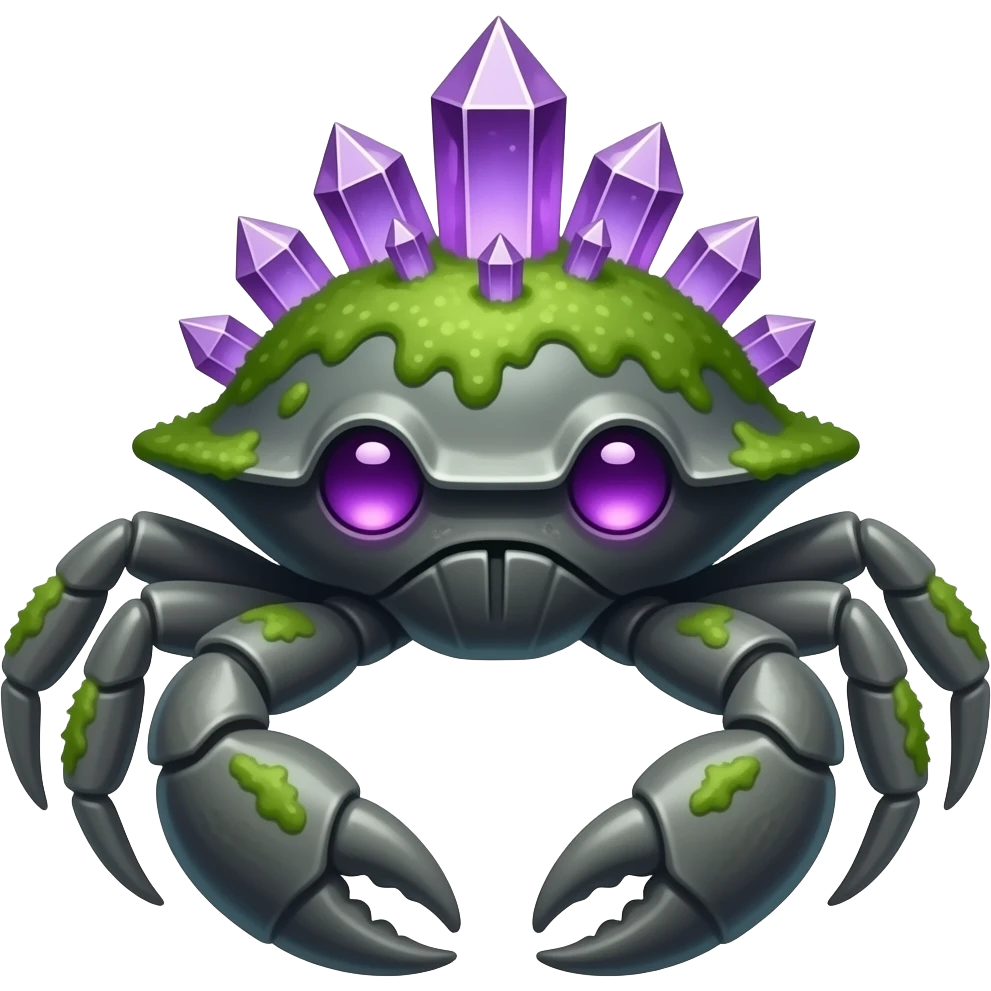 A big Gray crab with moss on its back in with purple crystals on its back and also with purple eyes facing forward emoji
