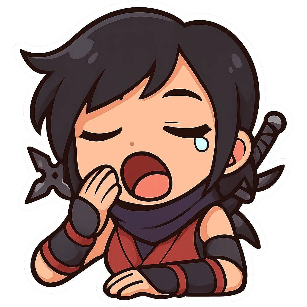 Sexy chibi ninja girl with black short hair and a blonde streak, only head and arms, colorful chibi style with bold outlines, transparent background, no mask, yawning expression with a little tear at the corner of one eye, sized for Twitch emoji use. emoji