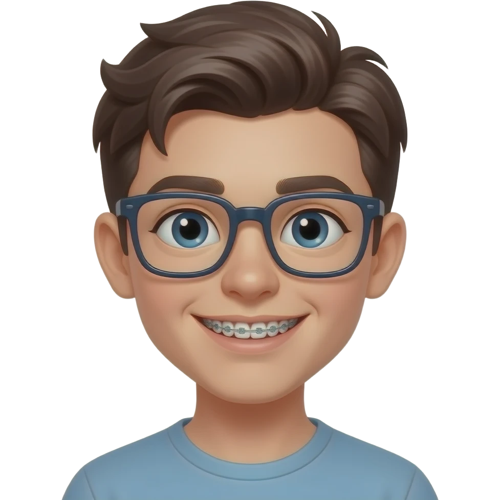 chico con braquets y gafas cuadradas , pelo tupe marron oscuro, pestañas largas emoji