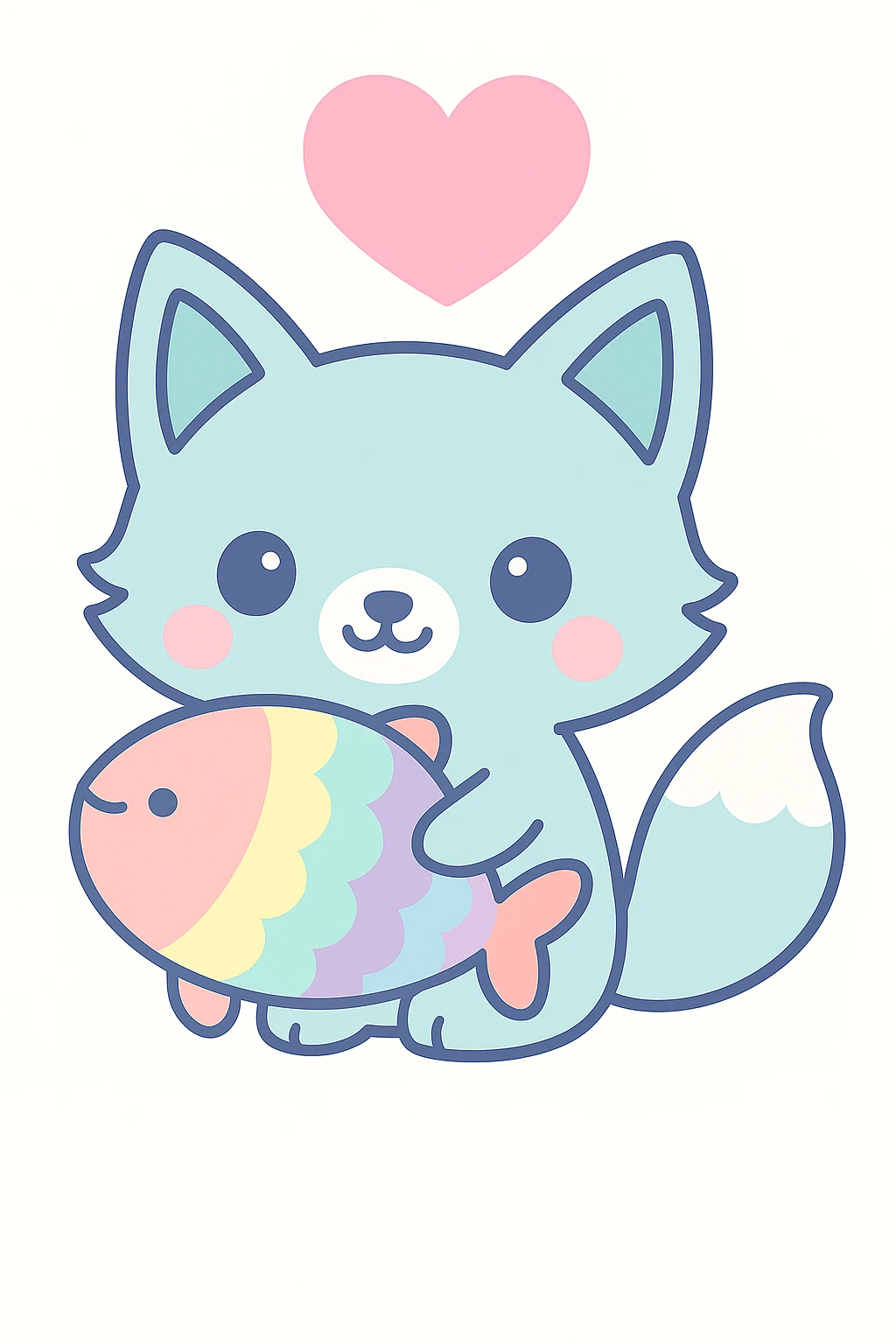 Make the heart above the blue fox and rainbow fish much bigger and pink, keep the kawaii cartoon style. emoji