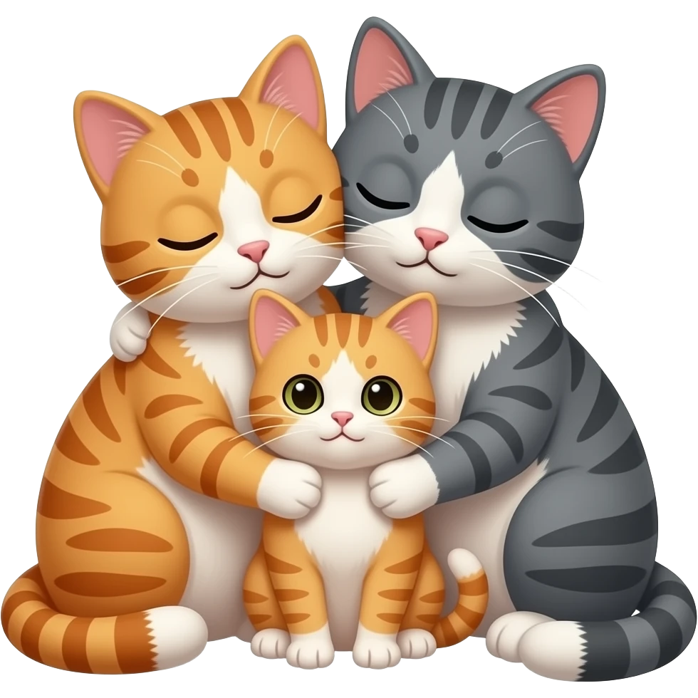 two cats cuddling with a kitten emoji