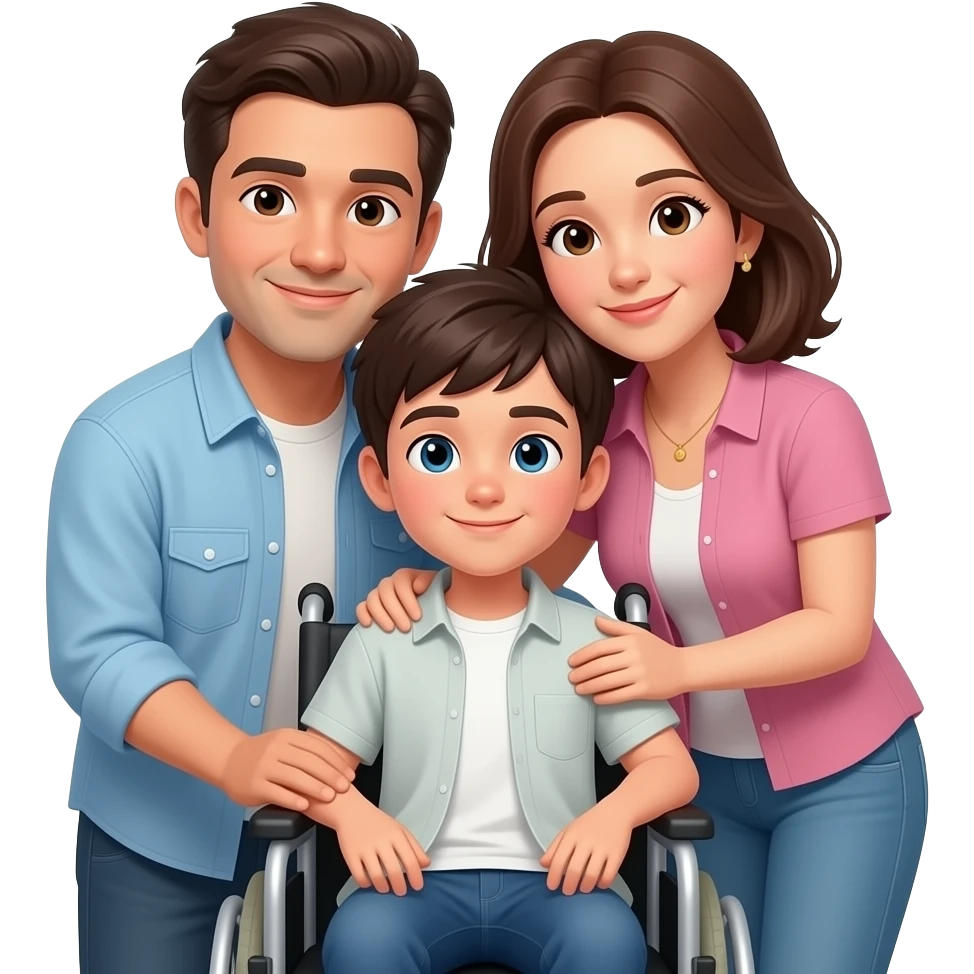 "Emoji minimalista tipo WhatsApp: chico 15 años, piel blanca, cabello oscuro, en silla de ruedas, abrazado por sus padres; formas simples, colores planos, líneas limpias, expresión tierna, fondo transparente." emoji