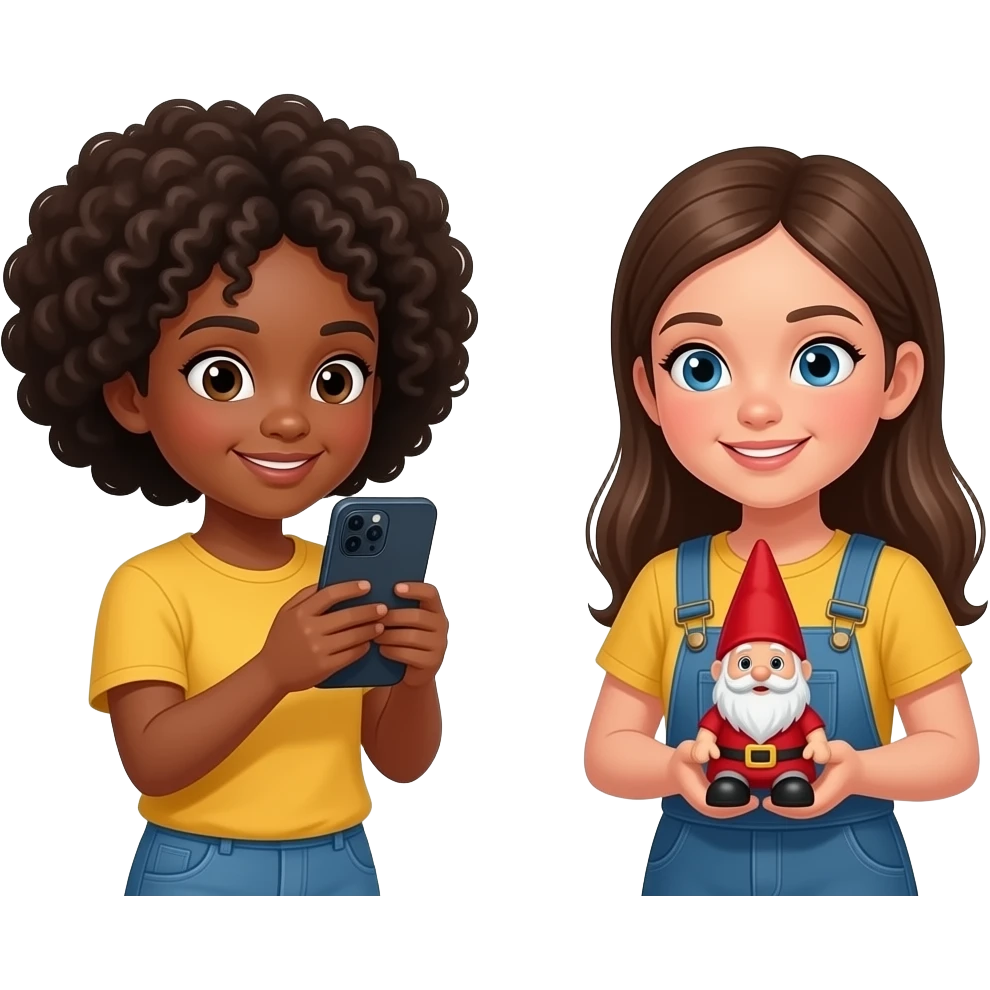 A black girl taking a photo of an spanish girl  holding a small gnome while standing in front of the Hollywood sign emoji