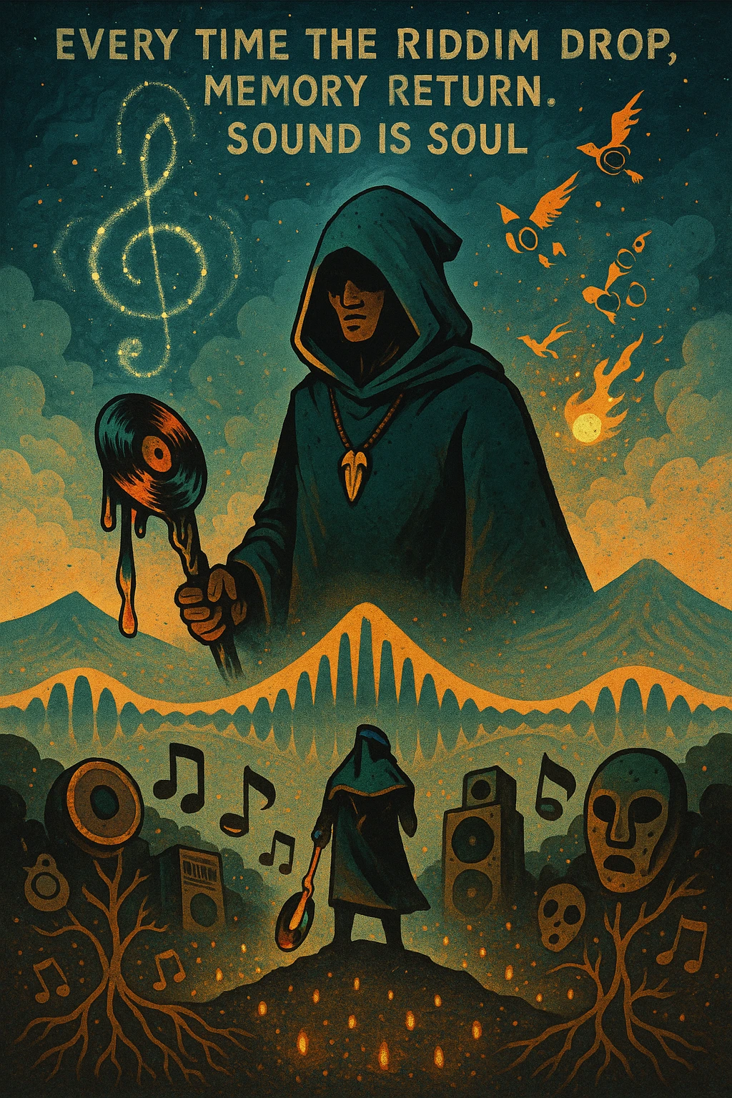 Create a mythical, animated-style poster set in a timeless world where sound is sacred. At the center, a hooded guardian of rhythm stands on a hill, overlooking a vast land shaped like a giant soundwave.

He holds a staff made of melted vinyl records, glowing with faint reggae colours — red, gold, and green. Around his neck is a lion’s fang pendant, and behind him, a swirling constellation shaped like a treble clef lights the sky.

From the earth, roots twist upward into musical notes, connecting instruments, speakers, and ancestral masks half-buried in the soil.

A flock of birds made from broken headphones and fire rises from the horizon — flying toward a glowing sun that pulses like a subwoofer.

Below, scattered across the valley, are tiny glowing embers — each one representing a soul still dancing, still alive.

In the sky, faint words form from the clouds:
“Every time the riddim drop, memory return. Sound is soul.”

The artwork should feel ancient, futuristic, and sacredly street — part graffiti, part prophecy, part roots revival. emoji